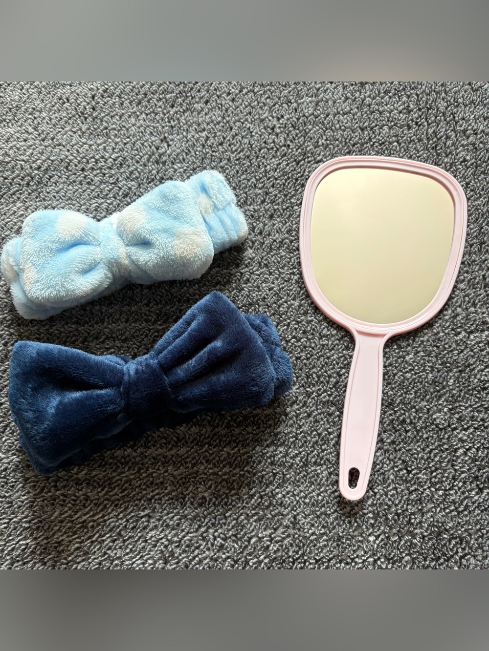 Women’s Self Care Spa Bundle - Fuzzy Bow Headbands & Handheld Mirror, Lot Of 3
